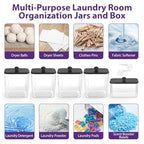 COAZEX 4+1 Pack Clear Laundry Pods Container & Dryer Sheet Holder, Plastic Square Laundry Room Organization and Storage Jars with Black Lids, Scoops & Labels for Detergent, Powder, Dryer Balls - color: 4+1 Pack