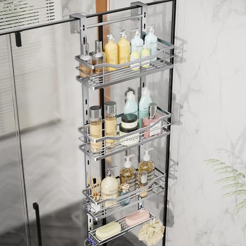 SWTYMIKI Over the Door Shower Caddy - 4 Tier Adjustable Shower Organizer Hanging with Soap Holder, No Drilling Stainless Steel Bathroom Rack Hanging for Body Wash, Shampoo, Soap, Razor, Silver - color: Silver-4 Tier