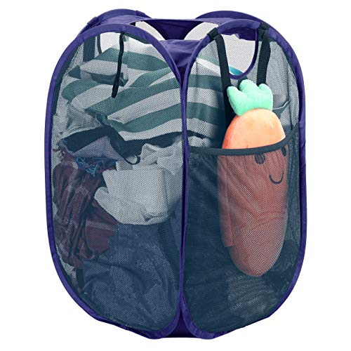 HOUSE AGAIN [Reinforced] Strong Mesh Pop-up Laundry Hamper, Quality Collapsible Laundry Basket with Durable Handles Solid Bottom High Carbon Steel Frame, Easy to Open and Fold Flat for Storage(Blue) - color: Blue, size: 1-Pack