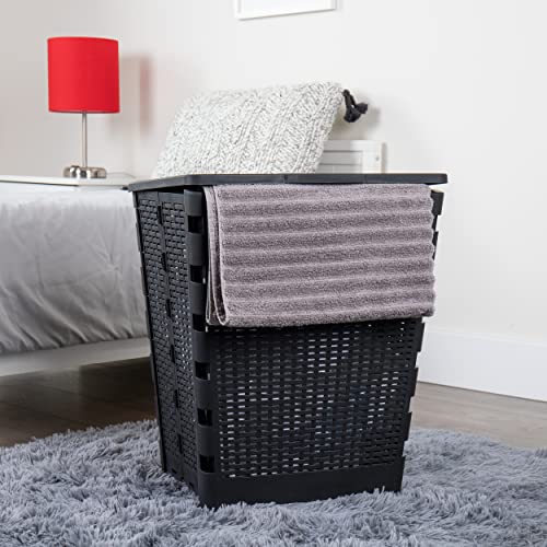 Mind Reader 61L Foldable Laundry Hamper, Clothes Basket, Lid, Wicker Design, Plastic, 18"L x 14.5"W x 21.25"H, Black - color: Black