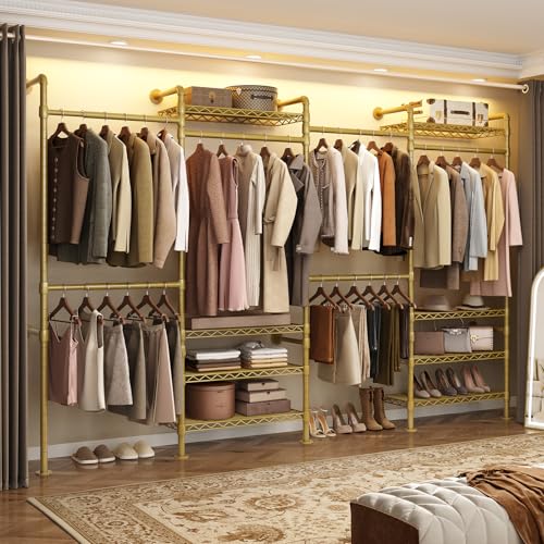 ComfyCorner Wall Mounted Garment Rack, Industrial Pipe Metal Clothing Rack with 6 Hanging Rods (4 Expandable) & 8 Shelves, Closet Organizers and Storage System for Bedroom, Walk in Closet - color: Gold