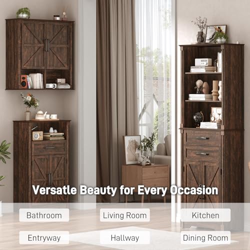 Farmhouse Bathroom Storage Cabinet,Double Wooden Bathroom Wall Cabinet with Roman Column Decor, Farmhouse Medicine Cabinets w Barn Doors,Storage Cabinets Wall Mounted for Kitchen(Wood Brown) - color: Wood Brown, style: Wall Double Storage Cabinet