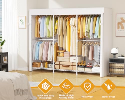 ULIFHOME E14C Pro Heavy Duty Closet Organizer System，Freestanding Clothing Racks for Hanging Clothes，Adjustable Garment Rack 70.1"W × 16.6"D × 76.4"H Hold 960 lbs，White Rack with White Dustproof Cover - color: White Rack With White Cover