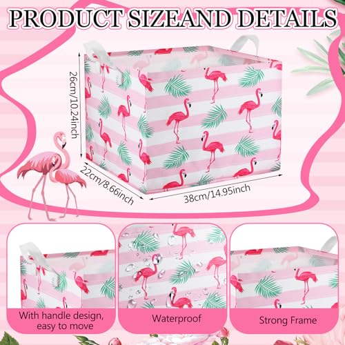 Geelin 3 Pcs Flamingo Baskets Summer Storage Basket for Gifts Collapsible Waterproof Canvas Cute Storage Bin Organizer with Handles for Book Closet Shelf Nursery Decor - style: Flamingo
