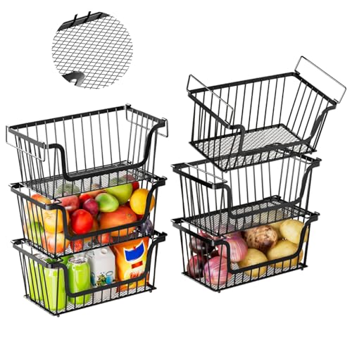 6 Pack Enhanced Leak-Proof Bottom Stackable Wire Baskets, Pantry Organizers and Storage, pantry storage，Shelf Baskets, Fruit Basket, Potato and Onion Storage Bins，(Black) - color: 6Pack-Black Baskets