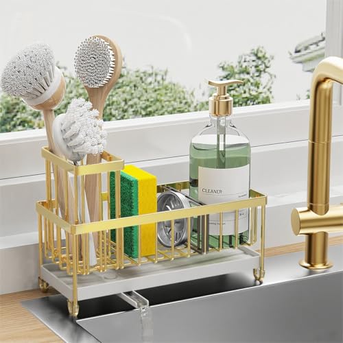 Cisily Sponge Holder for Kitchen Sink, Sink Caddy Organizer with High Brush Holder, Kitchen Countertop Organizers and Storage Essentials, Rustproof 304 Stainless Steel (Gold, 9.25″) - color: Gold