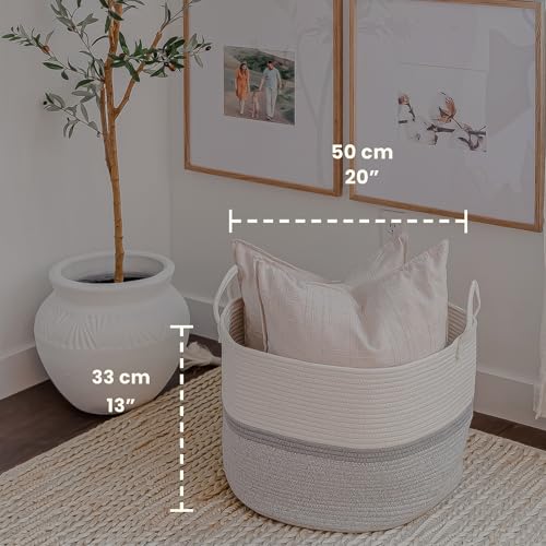 OrganiHaus Large Woven Storage Basket for Blankets and Toys 20" x 13" Inch, Rope Laundry Basket with Handles, Cushions & Pillows Storage Bin, Nursery Hamper, Soft Round Dog Toy Bin - Gray Stripe - color: Striped Gray, size: Wide
