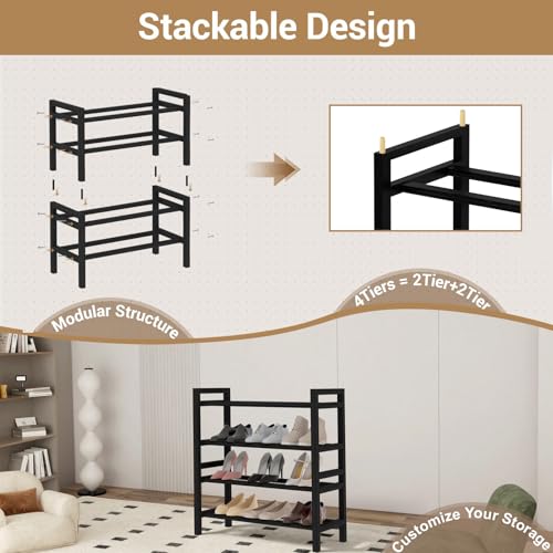 Haddockway Bamboo Shoe Rack for Closet, Free Standing Shoe Organizer with Smooth Round Rods & Convenient Handles, Stackable Shoe Storage Shelf for Entryway, Hallway(Black, 4-Tier(Small)) - color: Black, size: 4-Tier_Small