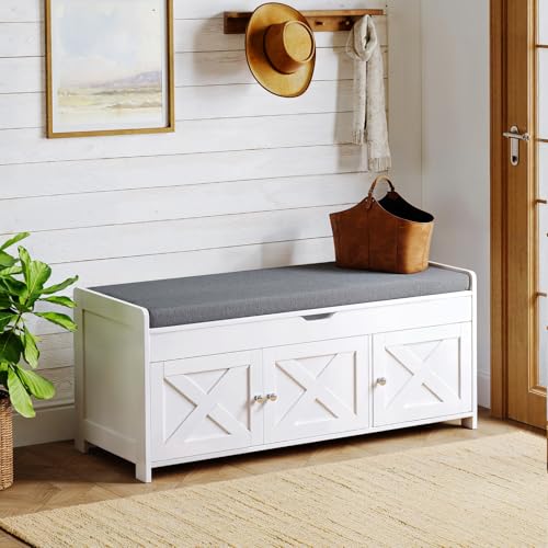 Pipishell 2-Tier Shoe Storage Bench, Entryway Bench with 3 Barn Doors, Cushion Seat, Hidden Storage, Adjustable Shelf, 200 lbs Capacity, for Entryway, Living Room, Bedroom, White (39.4″Wx15″Dx18.1″H) - color: White