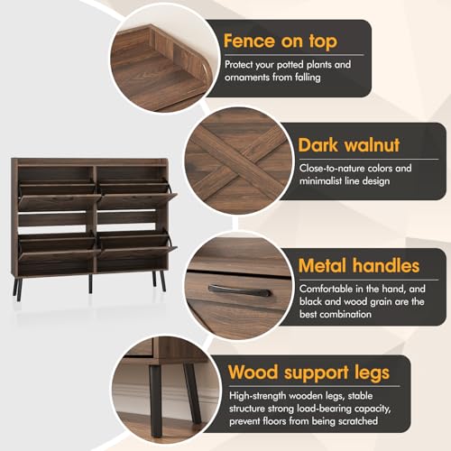 Maupvit Large Shoe Storage Cabinet with 4 Flip Drawers, Narrow Shoe Cabinet for Entryway with Wooden Legs, Freestanding Hidden Shoe Rack Organizer ＆ Metal Hinges, Walnut - color: Dark Walnut, style: 4-Drawers