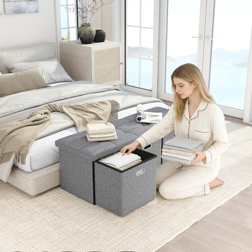 43''W Storage Ottoman Bench with 3 Drawers, Folding Ottoman Foot Rest with Storage, baul para habitacion, Entryway Bench, End of Bed Bench, Grey - size: 14.5"D x 43.3"W x 15"H