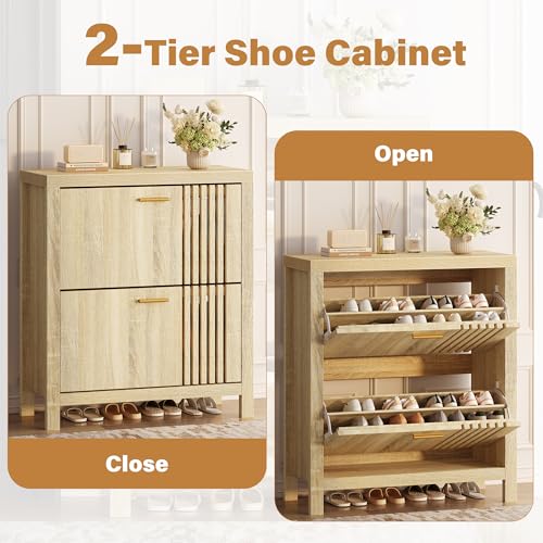 knoworld Shoe Storage Cabinet for Entryway with 2 Flip Drawers, 31.5" Slim Fluted Shoe Organizer Cabinet, Narrow Wooden Shoe Rack Cabinet, Freestanding Hidden Shoe Cabinet for Hallway, Entrance (Oak)