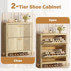 knoworld Shoe Storage Cabinet for Entryway with 2 Flip Drawers, 31.5" Slim Fluted Shoe Organizer Cabinet, Narrow Wooden Shoe Rack Cabinet, Freestanding Hidden Shoe Cabinet for Hallway, Entrance (Oak)