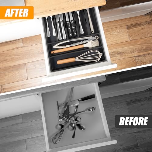 Bellsal Bamboo Silverware Drawer Organizer, Utensil Kitchen Drawer Organizer, Utensil Holder Cutlery Tray with Grooved Drawer Dividers for Kitchen Utensils and Flatware Bedroom Office (7 Slot, Black) - color: Black, size: 7 Slots