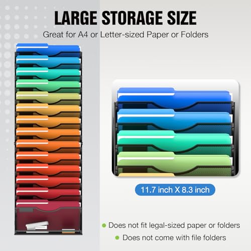 MINDEPOT 15 Tier Wall File Holder Hanging Wall File Organizer for Papers Mails Folders Document Magazine Organization, for Office School Home, Black - size: 15Tier