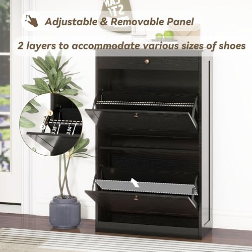 FTZxHKLX Shoe Cabinet with 2 Flip Drawers, Slim Freestanding Hidden Shoe Organizer with Drawer, Pet-Proof Shoe Storage Cabinet for Entryway Living Room Behind The Door, Black - color: Black, size: 1pcs