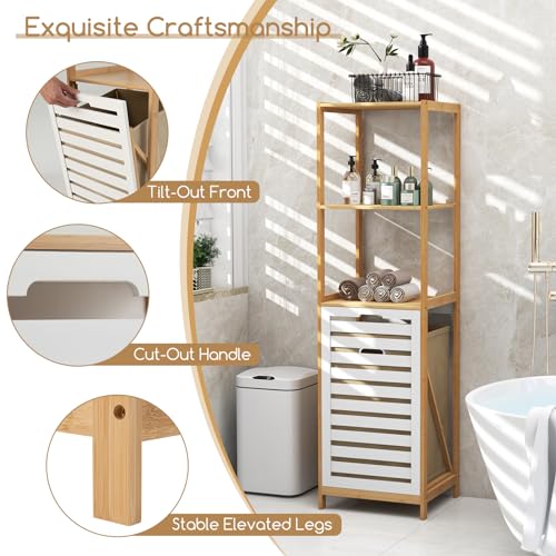 Giantex Tilt Out Laundry Hamper - Laundry Hamper Cabinet with 3 Tier Storage Shelves, Removable Laundry Basket, 51" Tall Freestanding Bamboo Tower Hamper Organizer for Bathroom Small Space