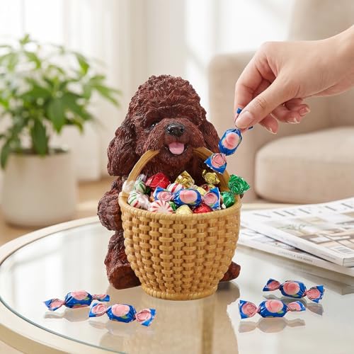 Entryway Key Holder Bowl & Welcoming Candy Dish for Console Table Featuring Red Poodle Fetching Basket - Dog Statue Catchall Organizer for Mints & Coins - Rustic Cabin Home Decor - color: Poodle Carrying Basket - Red, size: Poodle