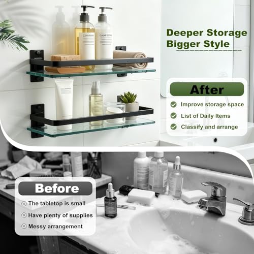 AIJALY 2 Pack Bathroom Glass Shelf, 15.7 Inches Black Bathroom Shower Glass Shelf Wall-Mounted, Metal Storage Floating Kitchen Shelf - color: Black 2 Pack