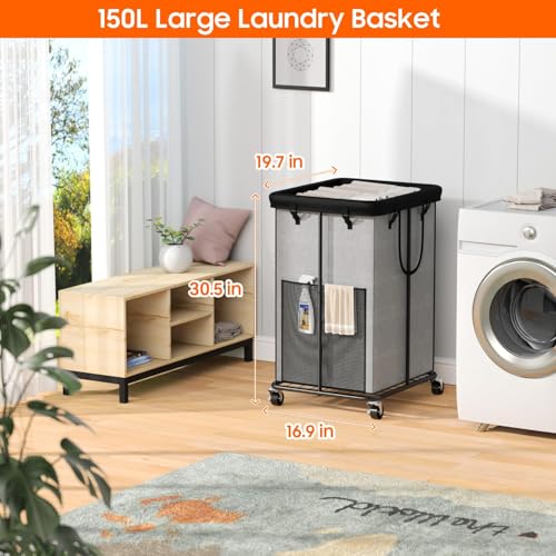 150L Laundry Hamper with Wheels, Rolling Laundry Basket with Metal Frame and Removable Bag, Large & Tall Dirty Clothes Hampers for Bedroom Aesthetic, Laundry Room, Bathroom, Dorm-Grey - color: Grey, size: 40GAL