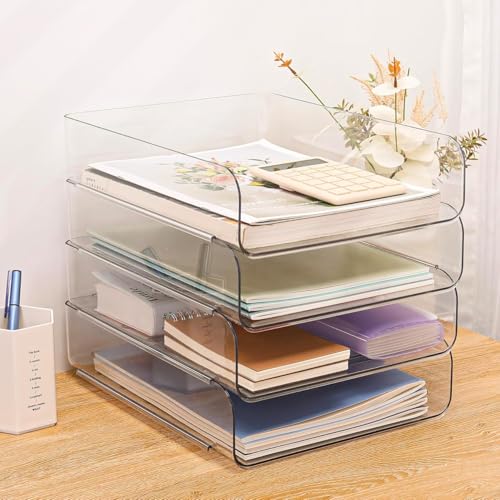 LALOBLUE Stackable Letter Tray Desk Organizer, Set of 4 Clear PET Paper & File Organizers, Document Storage for Office Supplies