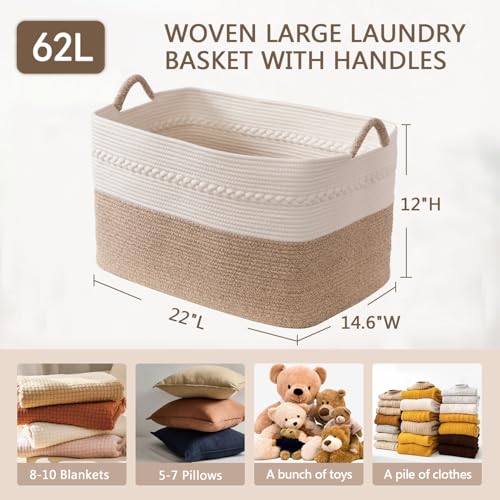 Large laundry basket woven from natural cotton rope with handles storage blankets for living rome big decorative quilted baskets for clothes toys pillows hamper 22"x14.6"x12" white/brown - color: white/Brown, size: 62L 22"x14.6"x12"