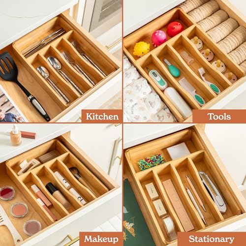 SMIRLY Silverware Drawer Organizer – Bamboo Kitchen Drawer Organizer, Adjustable Utensil Holder and Cutlery Tray, Drawer Dividers for Flatware and Kitchen Utensils - size: 5 Slot