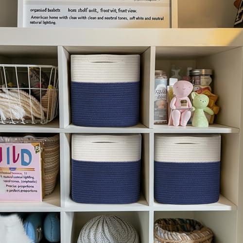 11x11 Cube Storage Bin - 3 Pack Woven Storage Cubes Organizer, 11 Inch Cotton Rope Baskets for Organizing, Decorative Square Shelf Baskets Closet Bins, Toy Boxes for Boy, Dark Blue Decor - color: Dark Blue