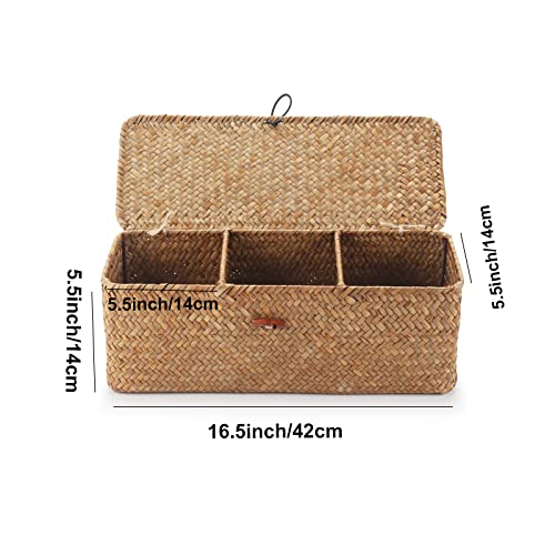 Seagrass Tank Basket with Lid Woven Toilet Roll Storage Basket with Sections Rectangular for Organize Snack Toys Tampon (Large Compartment 16.5inch L x 5.5inch W x 5.5inch H) Natural - color: Natural