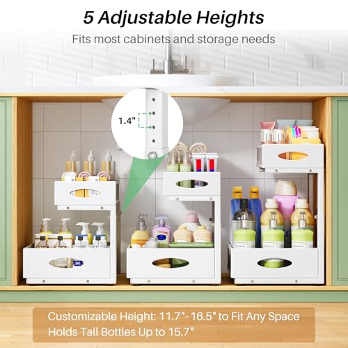 Under Sink Organizer, 2-Pack Pull Out Cabinet Organizer 2 Tier Metal Slide Out Storage Shelf Rack, L-Shaped Adjustable Height,Mesh Sliding Drawer for Kitchen, Bathroom, Laundry, Pantry, White, XL - color: White, size: 2-Pack (XL)