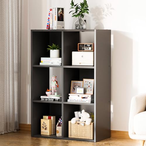 COMHOMA 6 Wood Cube Storage Organizer with Open Back and Removable Back Panels, 11In Black Cube Storage Bookshelf, Cubicle Shelf Bookcase for Home Office Bedroom Living Room, Vertical or Horizontal - color: 6 Cube-coal Black