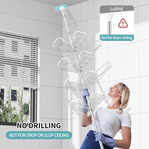 KEGII Shower Caddy Tension Pole – Corner Rustproof Bathroom Organizer with Soap Holder & Hooks, No-Drill Adjustable Shower Shelf for Renters for Families & Renters, 25-114.2 Inch, Silver - color: Silver