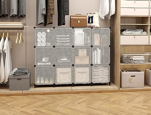 AWTATOS 12 Cube Storage Organizer with Doors, DIY Plastic Closet Shelf, Modular Bookshelf, Stackable Shelving Rack for Bedroom, Living Room, Black ULPZ012 - color: Black