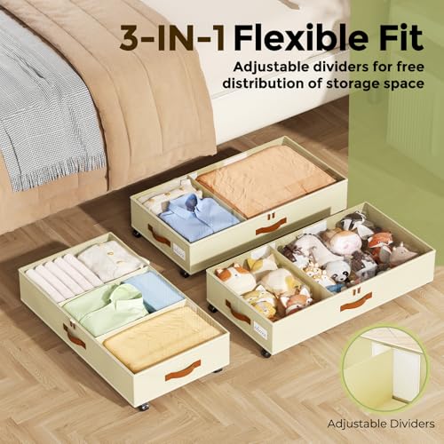LAMU Under Bed Storage with Wheels, 2 Pack Under Bed Storage Containers with Clear Lids & Label, Rolling Under Bed Drawers for Clothes, Shoes, Blankets, Beige - color: Beige