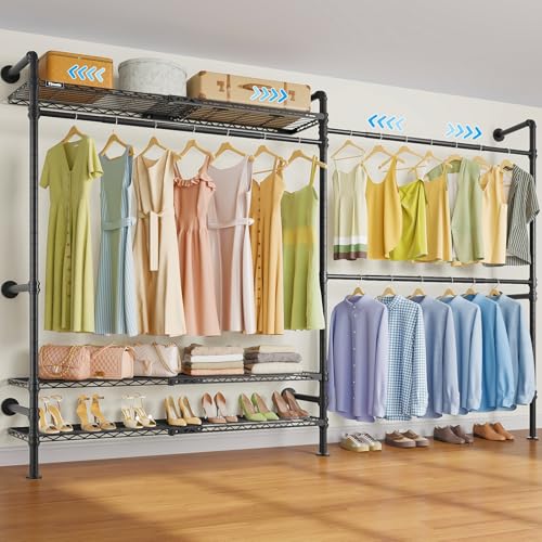 Timate F2 Pro Expandable Wall Mounted Clothes Rack Industrial Pipe Clothing Rack for Hanging Clothes, Heavy Duty Clothes Rack with Shelves, Garment Rack Wall Closet System, Black Pipe Closet Kit - color: Black, style: Timate F2 Pro