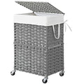 Chrislley 90L Slim Laundry Hamper with Wheels, Rolling Laundry Basket with Lid and Renovable Liner Bag, Handwoven Rattan Organizer for bedroom, bathroom, laundry room (Grey) - color: Grey