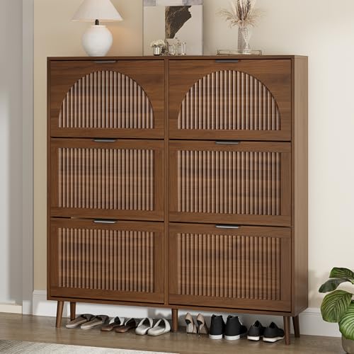 Shoe Storage Cabinet with 6 Flip Drawers, Narrow Wood Shoe Organizer Cabinet with Fluted Panel, Slim Shoe Rack for Entryway, Freestanding Shoe Cabinet for Living Room, Hallway, Walnut - color: Walnut, size: 6-Drawers