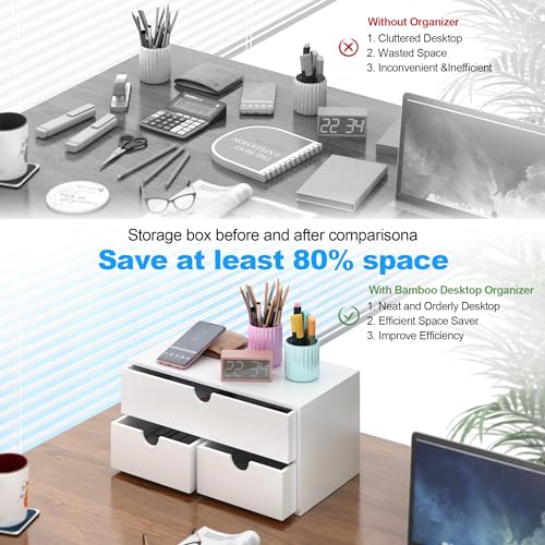 Bamboo Desk Organizer with Drawers Desktop Storage Drawers for Bills Office Supplies Kitchen Utensils Organizing Tool for Home Classroom Organization No Assembly (White) - color: White