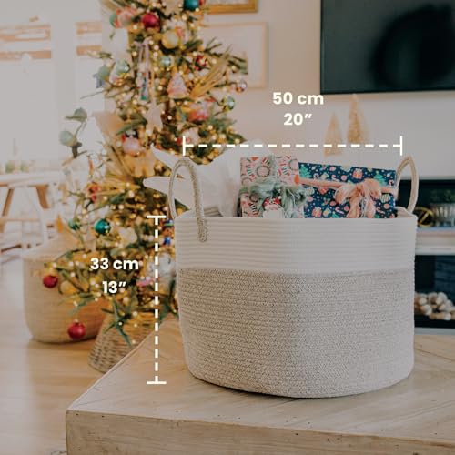 OrganiHaus Large Woven Storage Basket for Blankets and Toys 20" x 13" Inch, Rope Laundry Basket with Handles, Cushions & Pillows Storage Bin, Nursery Hamper, Soft Round Dog Toy Bin - Brown/Off-White - color: Brown / Off-White, size: Wide