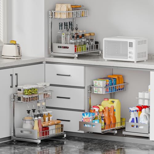 L-Shaped Under Sink Organizer, 2 Pack 2-Tier Pull Out Metal Kitchen Cabinet Organizer with Sliding Storage Drawer, Height Adjustable Heavy Duty Under Bathroom Sink Storage for Cleaning Supplies - color: Grey V2.0, size: 2 Pack