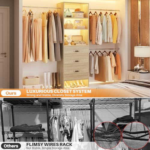 Homieasy 96 Inches Closet Organizer System, 8FT Customizable Walk In Closet Organizer with Hanging Rods, 3 Leather Handle Drawers Garment Rack, 96" L x 16" W x 75" H, Max Load 1000 LBS, White Oak - color: White Oak