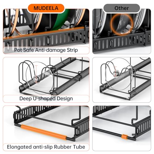 MUDEELA Pots and Pans Organizer Rack for under Cabinet, Expandable Pot Lid Kitchen Cabinet Organizer Holder with 14 Adjustable Compartment Cutting Board Organizer for Pan Lid, Bakeware - style: 14 Dividers-Black