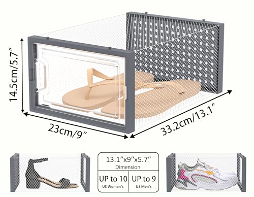 HOMIDEC Shoe Storage, 12 Pack Shoe Organizer for Closet, Shoe Boxes Clear Plastic Stackable Shoe Containers with Lids for Size 10 - color: Grey, size: L