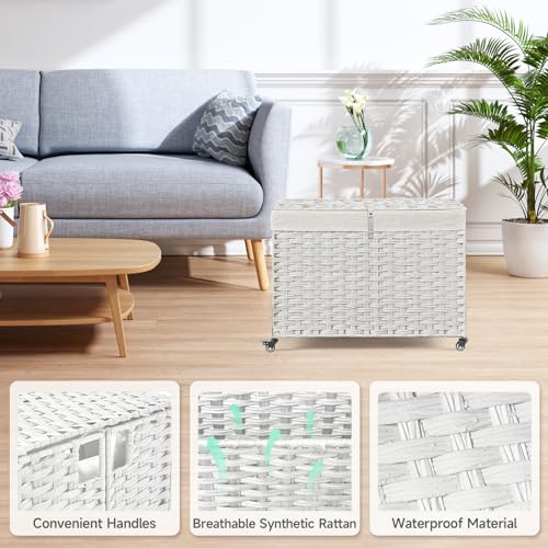 Rolling Storage Basket with Lid, 47.6 Gallon (180L) Storage Bin with Wheels, Woven Rattan Blanket Storage Basket with Handles, Foldable, Metal Frame, Removable Liner for Bedroom, Laundry Room, White - color: White