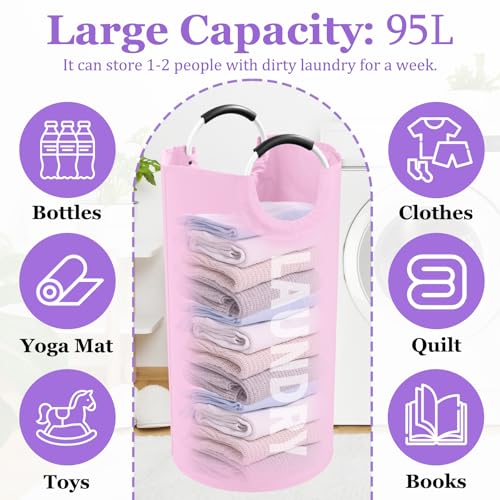 95L Large Laundry Basket with Handles, Foldable Clothes Hampers Stand Up Well, Waterproof Dirty Clothes Hamper, Rugged Laundry Basket for Flat, Dorm, Hotel, Pink - color: Pink, size: L-95L