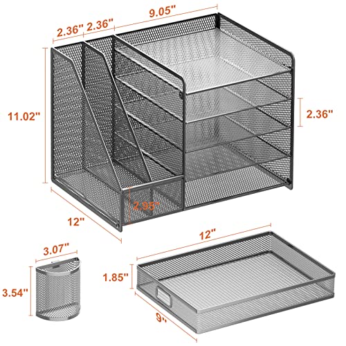 Marbrasse 5-Tier Paper Letter Tray Organizer with Drawer and Pen Holder, Mesh Desktop Organizer and Storage with Magazine Holder for Office Supplies (Grey) - color: Gray