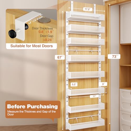 Pantry Door Organizers and Storage, 8-Tier Large Metal Heavy-Duty Frame Over the Door Spice Rack, 2 in 1 Wall-Mounted or Hanging shelf for Kitchen, Bathroom, Laundry Room, Bedroom, Closet &Nursery - color: White, size: 17.12"W-8 tier