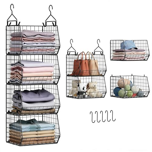 4 Tier Closet Hanging Organizer, Closet Organizers and Storage with 5 S Hooks, Closet Hanging Shelves & Freestanding Wire Storage Basket Bins, for Clothing Shoes Handbags Clutches Accessories Patent - color: Black
