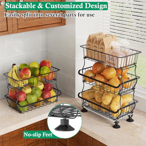 OKZEST 5 Tier Fruit Basket for Kitchen, Stackable Bins Wire Rack with Wheels, Fruit and Vegetable Storage Basket Pantry Food Snack Organizer Shelf, Kitchen Storage Cart for Onion and Potato, Produce - color: Black, size: 5-Tier Baskets