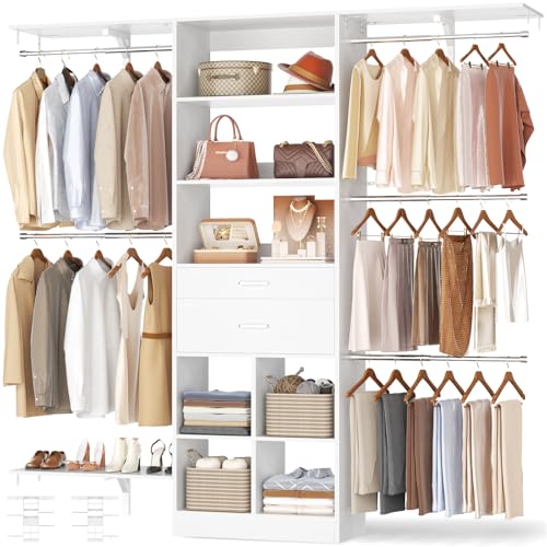 5FT Closet Organizer System with Wooden Drawers, 60 Inches Walk In Closet System With 5 Hanging Rods, Can Fit 1.58 to 6.8 FT with Reversible Hanging Shelving, White - color: White, size: 5FT